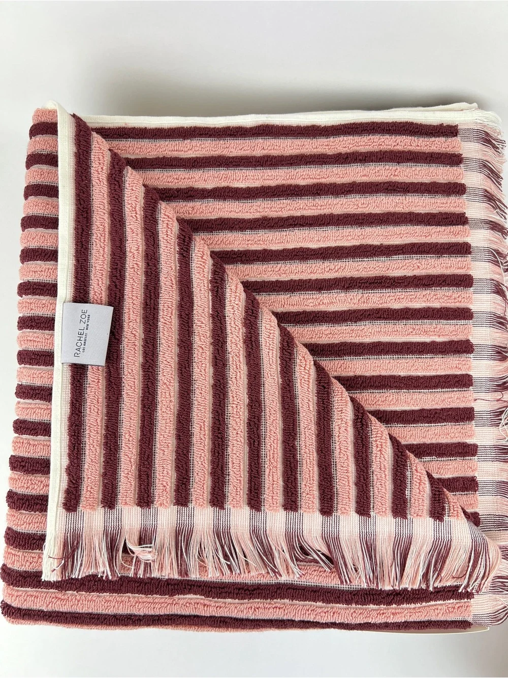 Rachel Zoe Bath Towel Set Pink Burgundy Cream Stripe & Fringe Cotton 8 Pc NEW